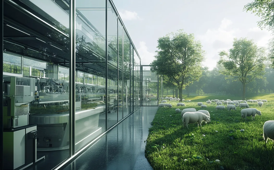 Productieomgeving naast een weide met schapen